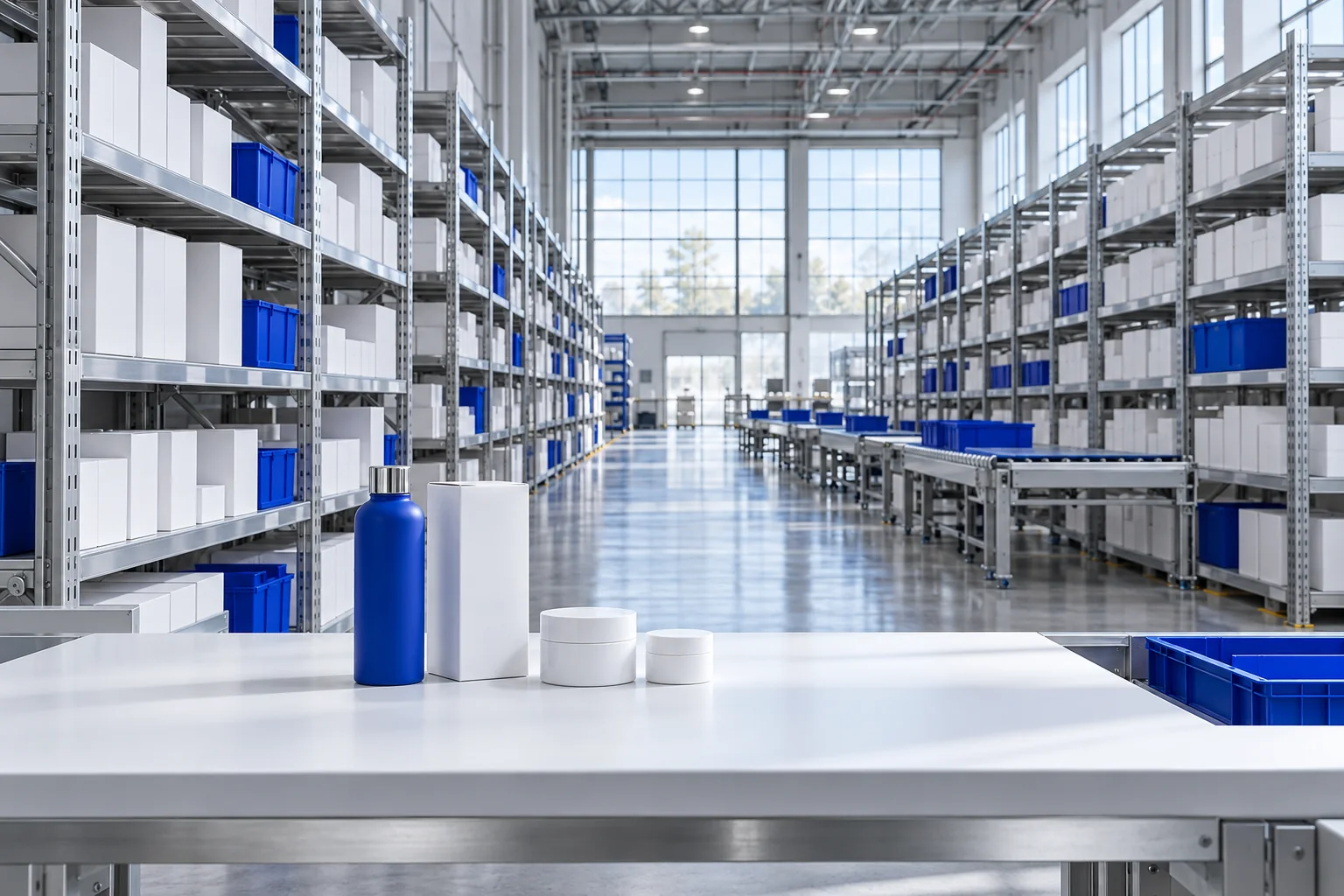 Illustrative organised fulfillment shelves with packaged products